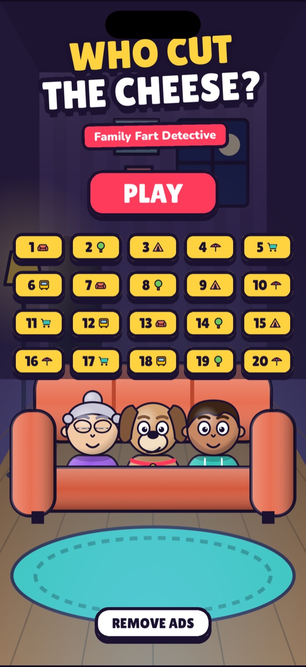 Who Cut the Cheese? home screen: the family on the sofa